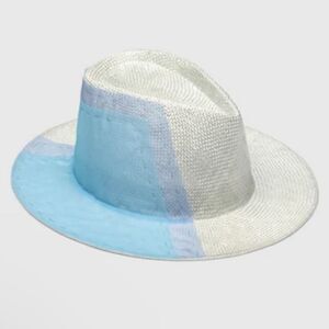 Eugenia Kim White Straw Fedora with Light Blue Panel Accents